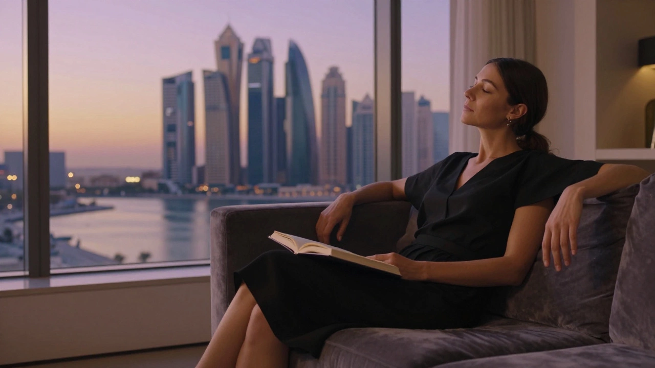 A woman in a black dress watching the sunset over Dubai Marina, man beside her at peace, no devices, pure quiet companionship.